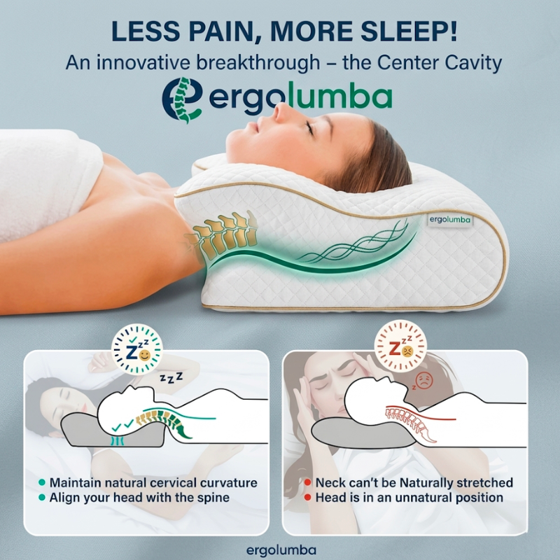 Ergolumba memory foam neck pillow ergonomic support  with a person using it, showing benefits on a gray background.