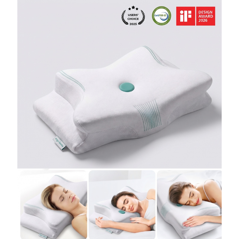 Ergolumba memory foam neck pillow ergonomic support  with a green button on a white background, featuring design awards.