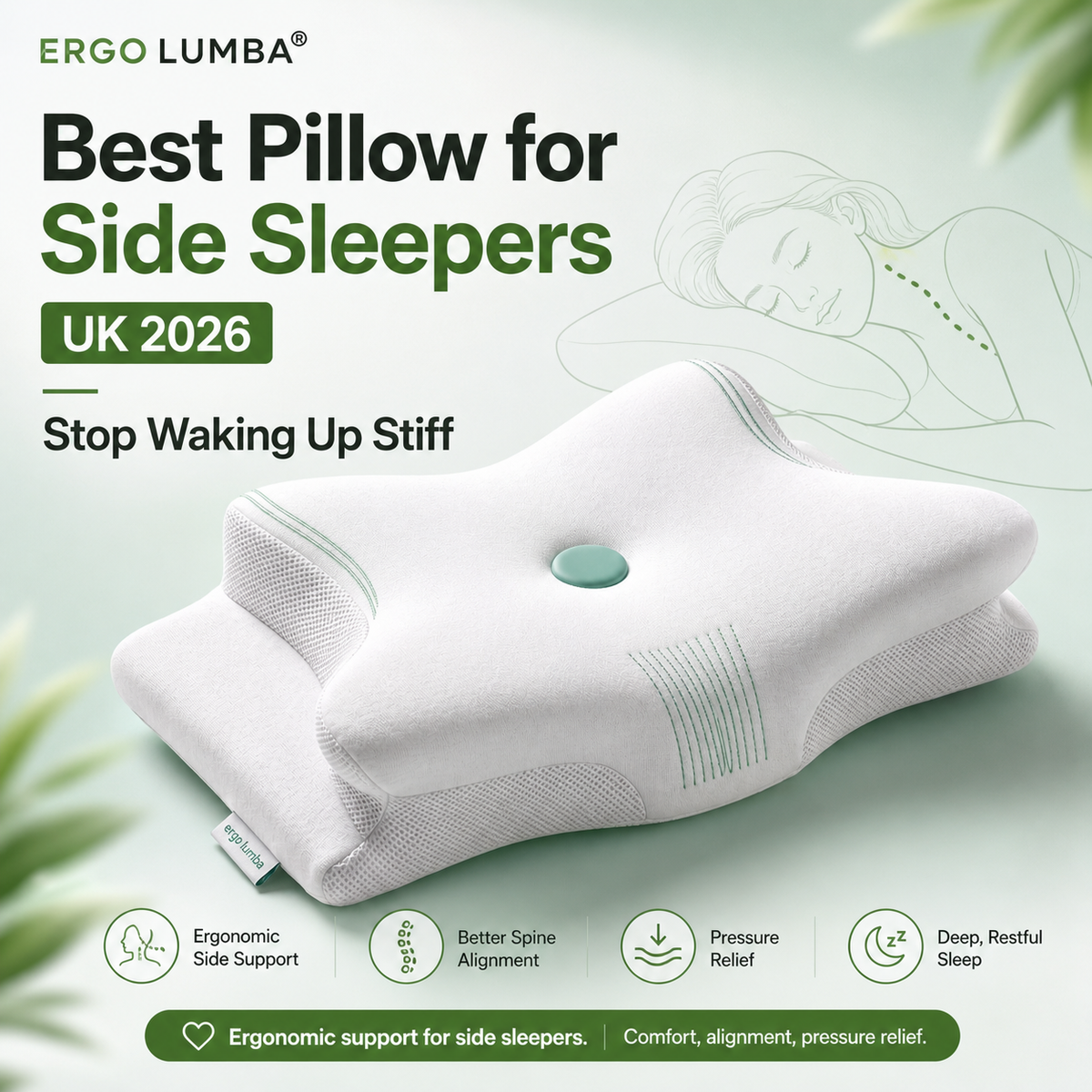Ergolumba memory foam pillow for side sleepers with branding and product features on a light green background