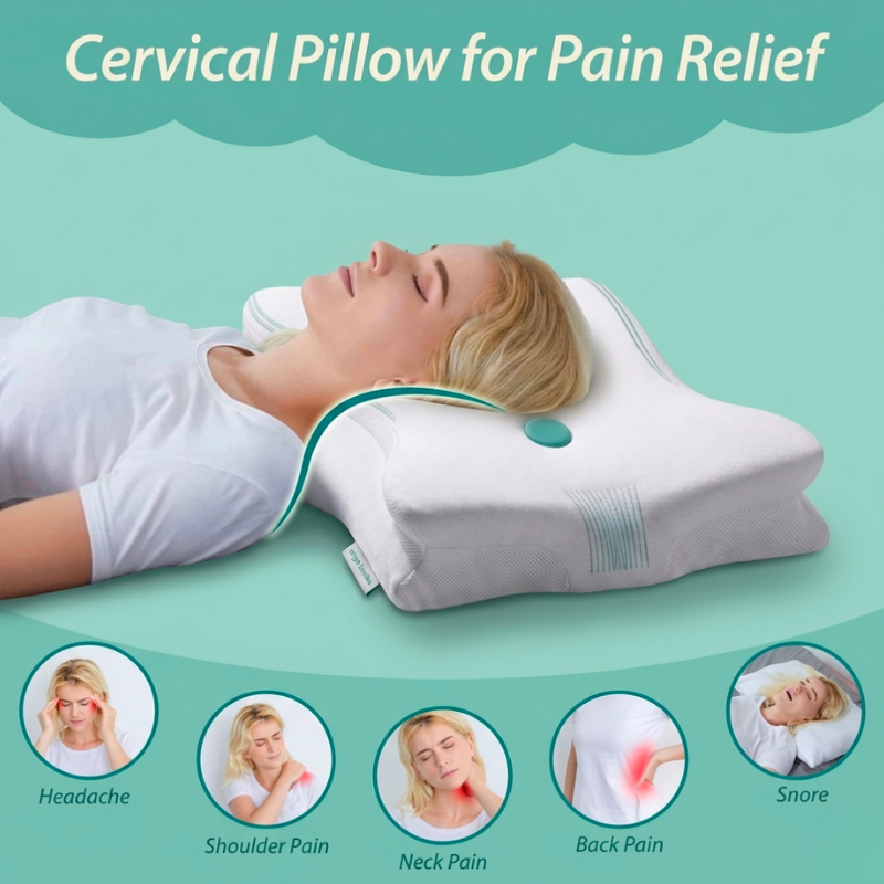 Ergolumba memory foam neck pillow ergonomic support  Cervical pillow for pain relief with a person lying on it against a teal background.
